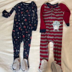 Carter's Navy Sports Print & Red Stripe Footed One-Pieces - 2 Pack